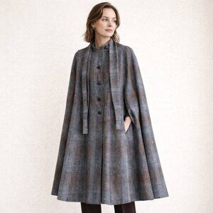 Vintage Avoca Collection Pre New Wool Blue Brown Midi Cape L